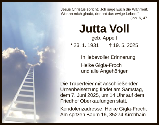 Todesanzeige von Jutta Voll von WRS