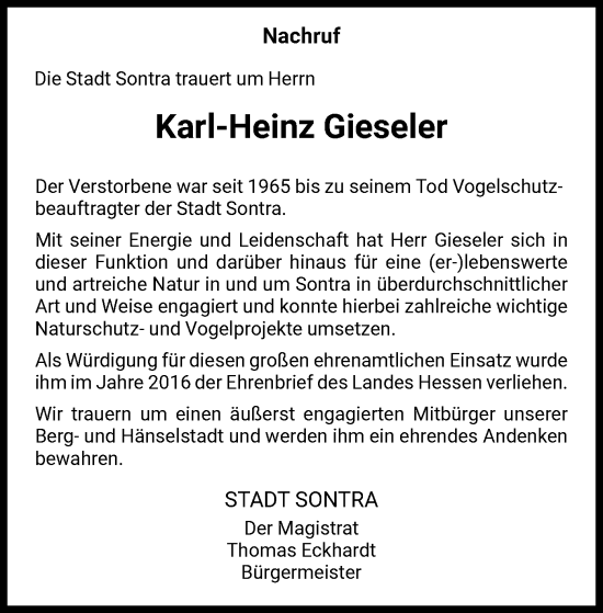 Todesanzeige von Karl-Heinz Gieseler von WRS