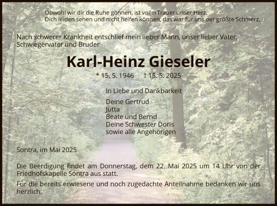 Todesanzeige von Karl-Heinz Gieseler von WRS