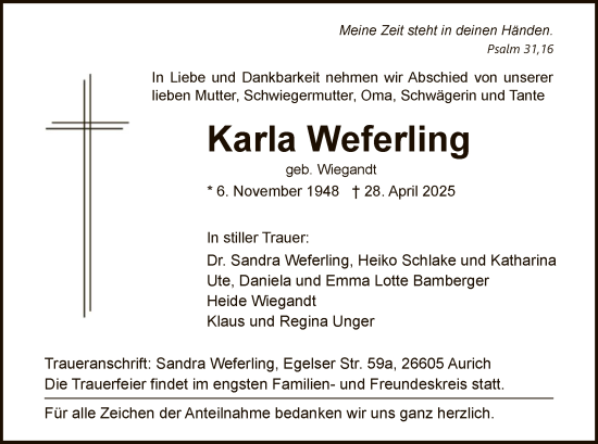 Todesanzeige von Karla Weferling von WRS