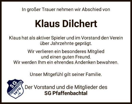 Todesanzeige von Klaus Dilchert von WRS