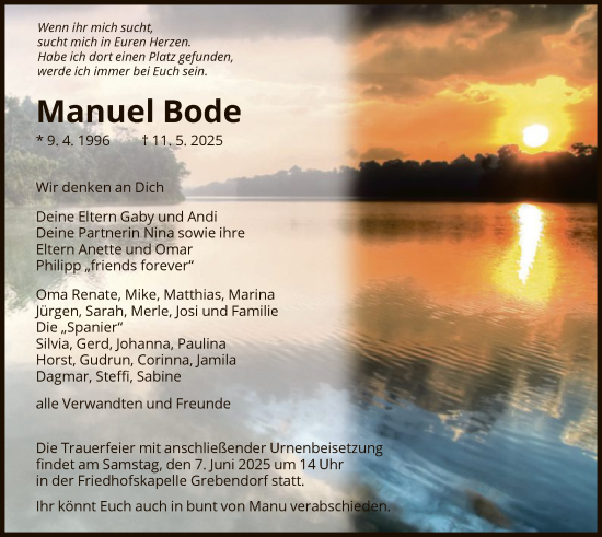 Todesanzeige von Manuel Bode von WRSWRS