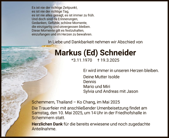 Todesanzeige von Markus Schneider von WRS