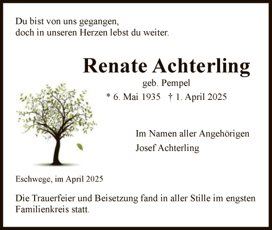 Todesanzeige von Renate Achterling von WRS