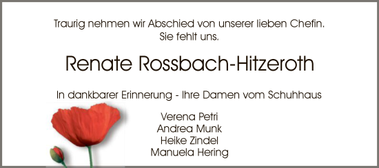Todesanzeige von Renate Rossbach-Hitzeroth von WRS