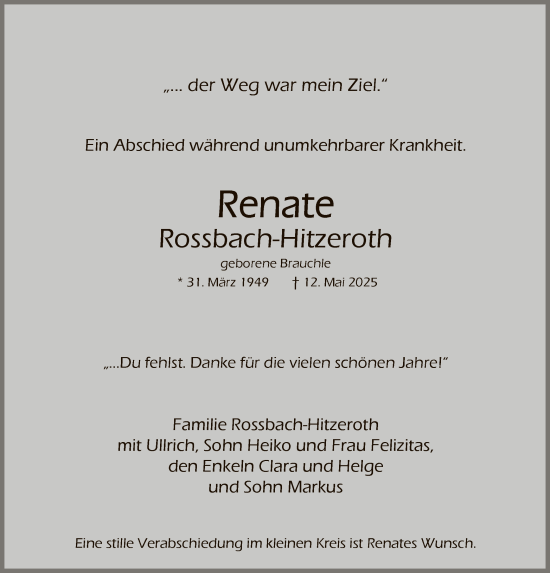 Todesanzeige von Renate Rossbach-Hitzeroth von WRS