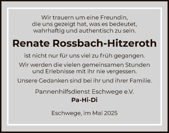Todesanzeige von Renate Rossbach-Hitzeroth von WRS
