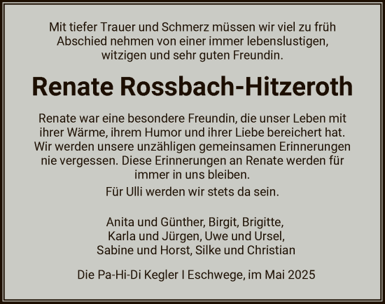 Todesanzeige von Renate Rossbach-Hitzeroth von WRS