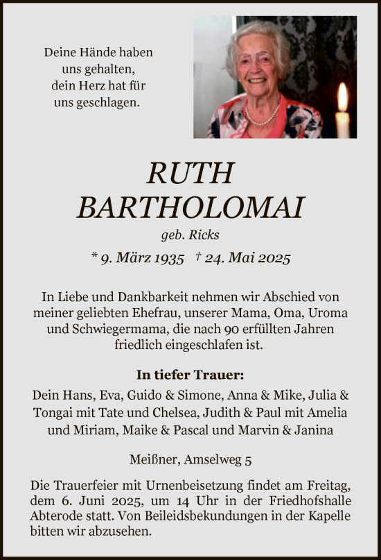 Todesanzeige von Ruth Bartholomai von WRS