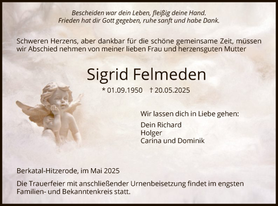 Todesanzeige von Sigrid Felmeden von WRS