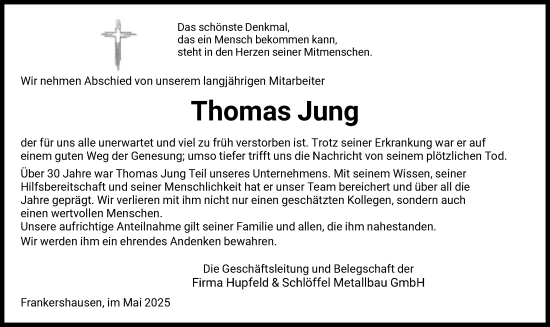 Todesanzeige von Thomas Jung von WRS