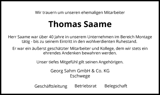 Todesanzeige von Thomas Saame von WRS