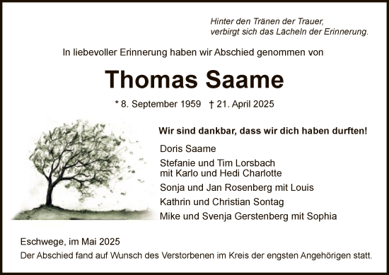 Todesanzeige von Thomas Saame von WRS