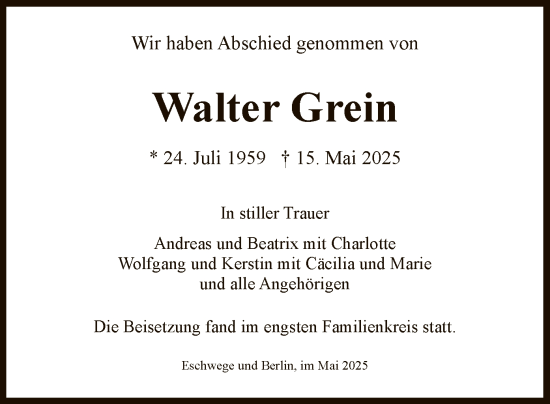 Todesanzeige von Walter Grein von WRS