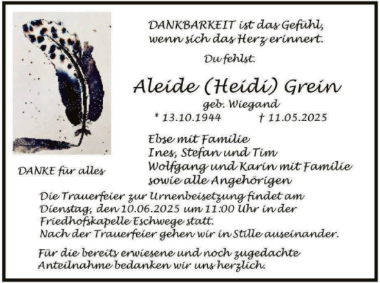 Todesanzeige von Aleide Grein von WRS