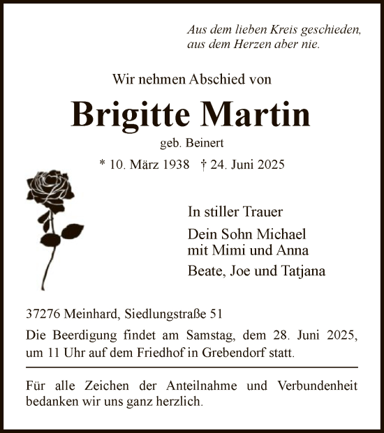 Todesanzeige von Brigitte Martin von WRS