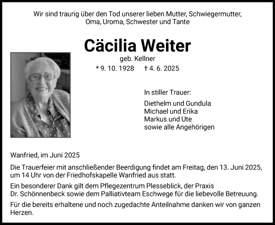 Todesanzeige von Cäcilia Weiter von WRS