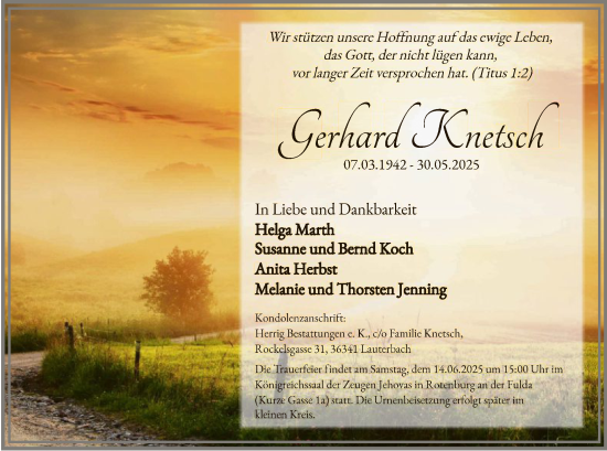 Todesanzeige von Gerhard Knetsch von WRS