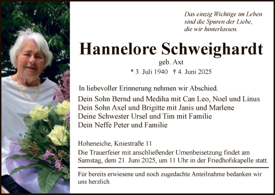 Todesanzeige von Hannelore Schweighardt von WRS