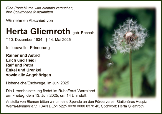 Todesanzeige von Herta Gliemroth von WRS