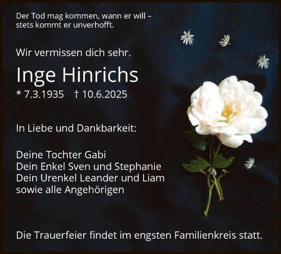 Todesanzeige von Inge Hinrichs von WRS