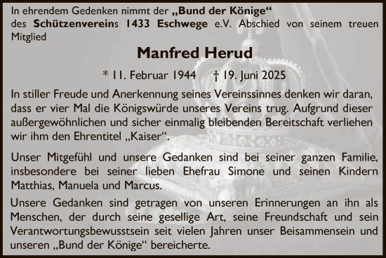 Todesanzeige von Manfred Herud von WRS