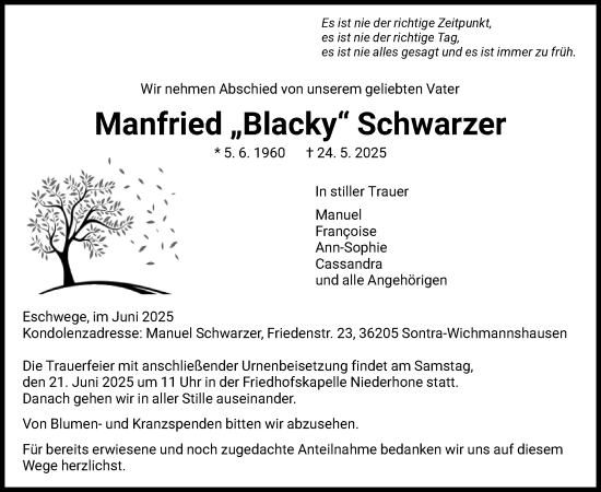 Todesanzeige von Manfried Schwarzer von WRS