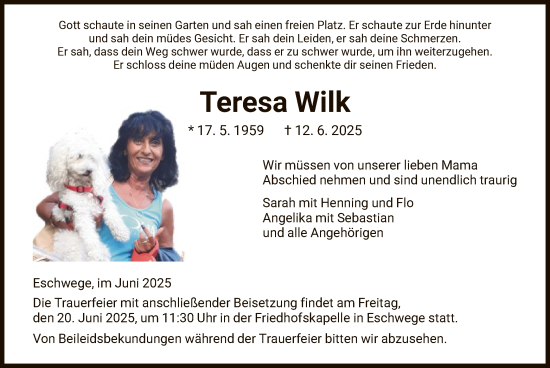 Todesanzeige von Teresa Wilk von WRS