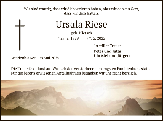 Todesanzeige von Ursula Riese von WRS