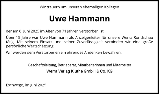 Todesanzeige von Uwe Hammann von WRS