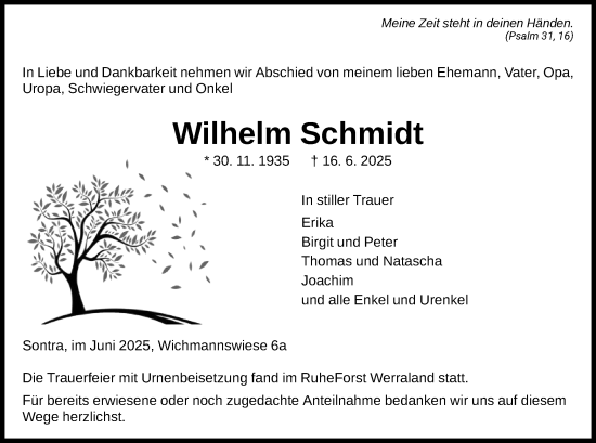 Todesanzeige von Wilhelm Schmidt von WRS