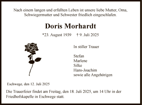 Todesanzeige von Doris Morhardt von WRS