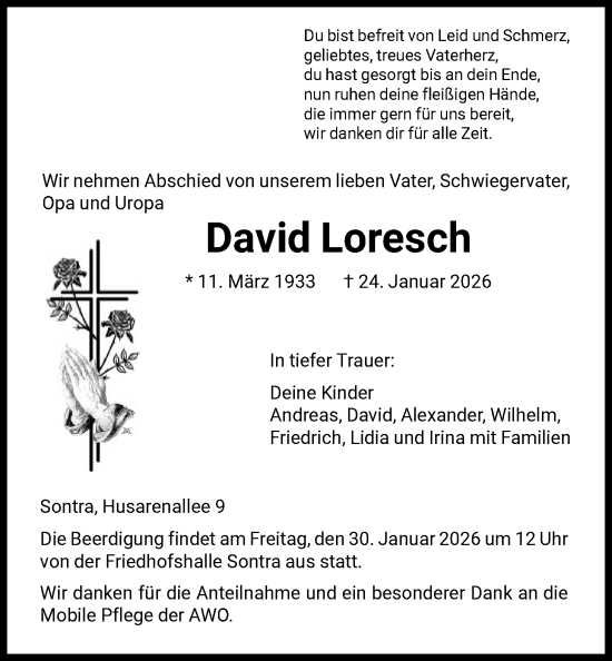 Todesanzeige von David Loresch von WRS