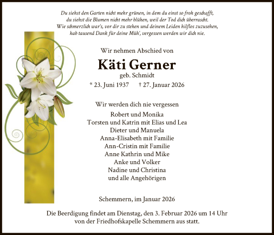 Todesanzeige von Käti Gerner von WRS