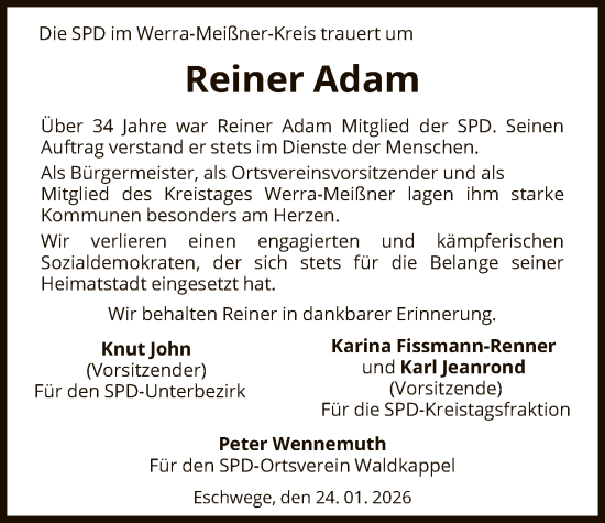 Todesanzeige von Reiner Adam von WRS