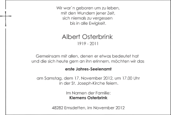 Todesanzeige von Albert Osterbrink von Münstersche Zeitung und Emsdettener Volkszeitung