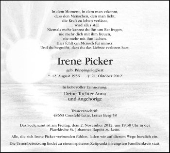 Todesanzeige von Irene Picker von Münstersche Zeitung und Münsterland Zeitung