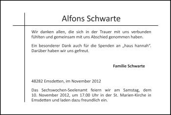 Todesanzeige von Alfons Schwarte von Münstersche Zeitung und Emsdettener Volkszeitung