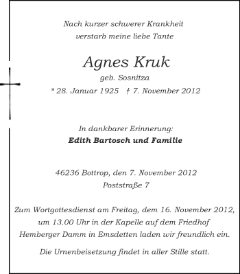 Todesanzeige von Agnes Kruk von Münstersche Zeitung und Emsdettener Volkszeitung