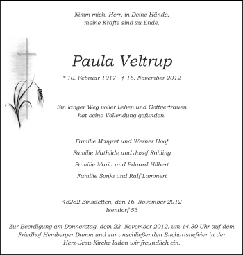 Todesanzeige von Paula Veltrup von Münstersche Zeitung und Emsdettener Volkszeitung