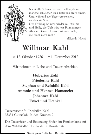Todesanzeige von Willmar Kahl von Münstersche Zeitung und Grevener Zeitung