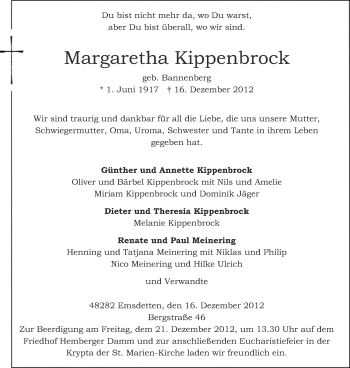 Todesanzeige von Margaretha Kippenbrock von Münstersche Zeitung und Emsdettener Volkszeitung