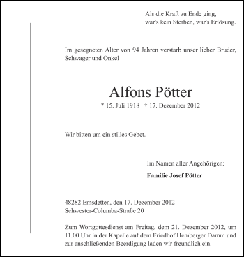 Todesanzeige von Pötter Alfons von Münstersche Zeitung und Emsdettener Volkszeitung
