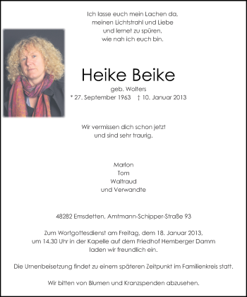 Todesanzeige von Heike Beike 