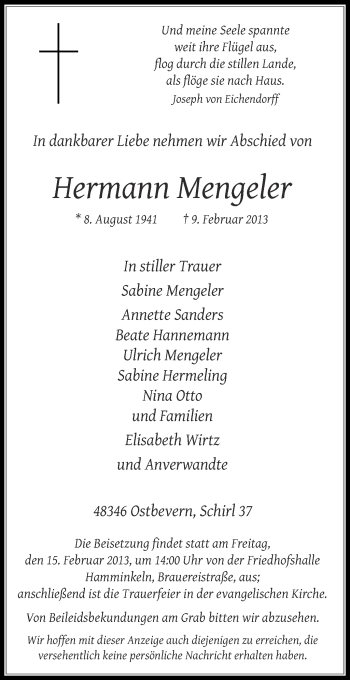 Todesanzeige von Mengeler Hermann von Münstersche Zeitung und Grevener Zeitung