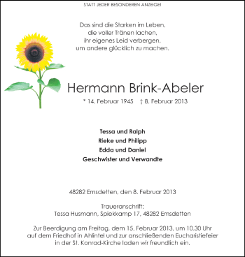 Todesanzeige von Hermann Brink-Abeler von Münstersche Zeitung, Emsdettener Volkszeitung, Grevener Zeitung und Münsterland Zeitung