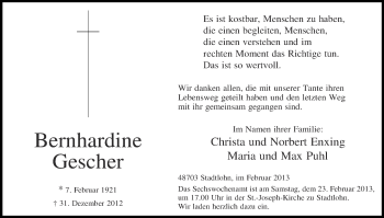 Todesanzeige von Bernhardine Gescher von Münstersche Zeitung und Münsterland Zeitung