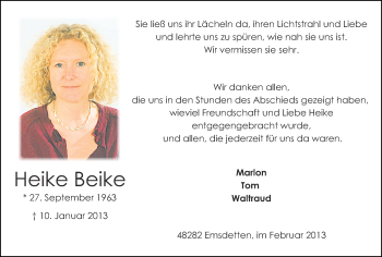 Todesanzeige von Heike Beike von Münstersche Zeitung, Emsdettener Volkszeitung, Grevener Zeitung und Münsterland Zeitung
