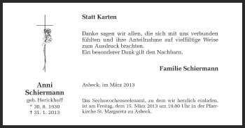 Todesanzeige von Anni Schiermann von Münstersche Zeitung und Münsterland Zeitung