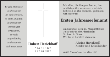 Todesanzeige von Hubert Herickhoff von Münstersche Zeitung und Münsterland Zeitung